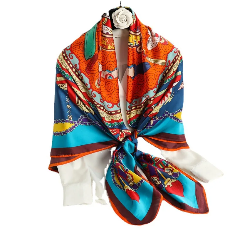 

135*135cm Large Square Shawls Silk Scarf Women Elegant Vintage Print Foulard Spring Summer Beach Stoles High Quality Pashmina