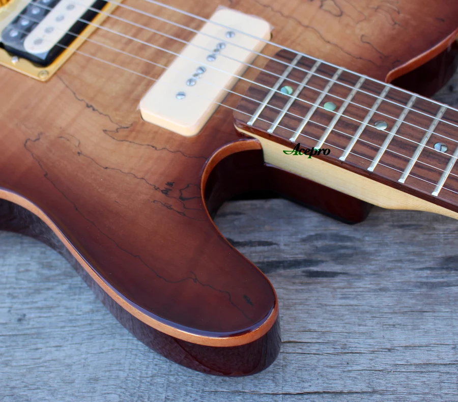ACEPRO Высокое качество электрогитара, 2 шт. корпус из красного дерева и Spalted клен, Абалон Точки инкрустация, белый жемчуг тюнеры