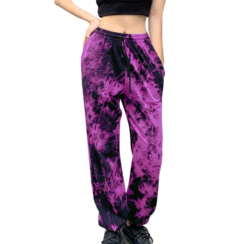 

2 Pcs Women Tie-Dye Sweatpants Loose Drawstring Pants High Waist Baggy Pants Joggers Trousers L, Lake Blue & Fuchsia