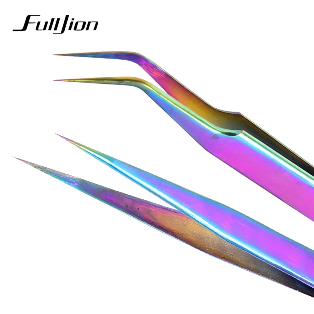 Fulljion изогнутые прямые пинцеты для бровей из нержавеющей стали c радужным