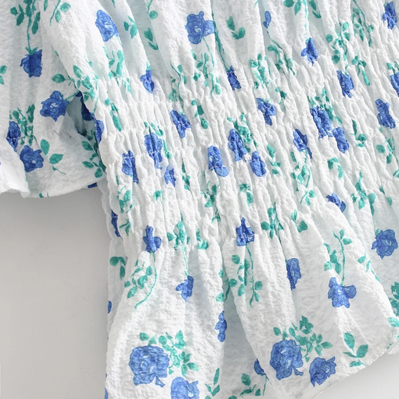 

Fashion Woman Blouses 2021 Summer Shirt Floral Elastic Collar Elegant Flare Sleeve Chiffon Blouse Girl Korean Fresh Tops