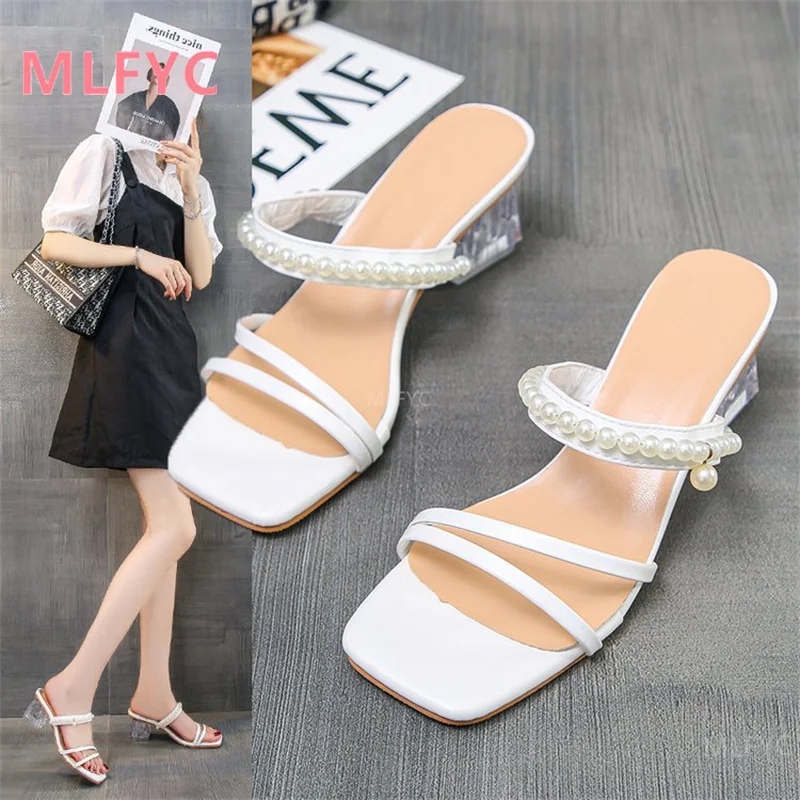 

Повседневные сандалии с жемчугом и бусинами, новинка 2021, женские туфли на высоком толстом каблуке с открытым носком и кристаллами