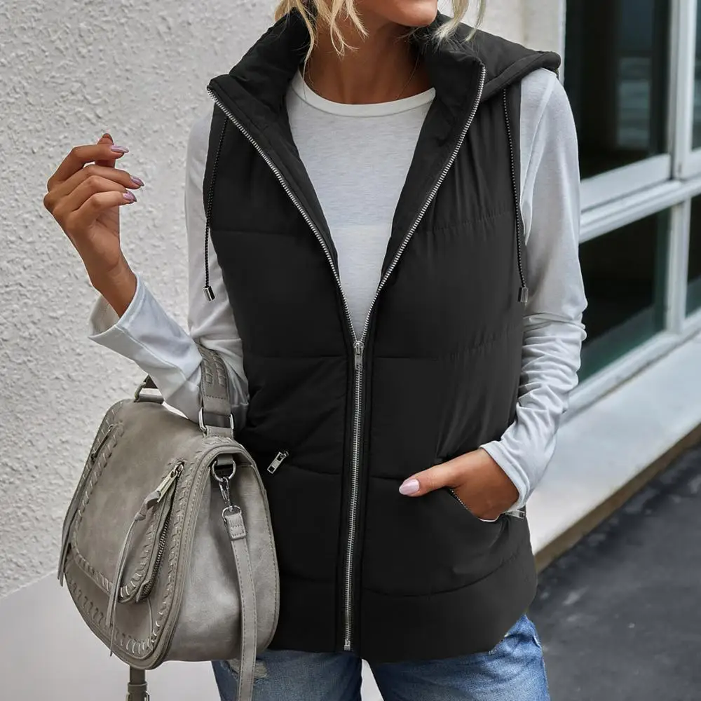 

Women Winter Solid Color Sleeveless Stand Collar Pocket Slim Vest Waistcoat
