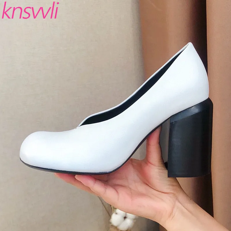 

Women Pumps Chunky Heels Party Shoes Woman Genuine Leather White Balck Designer Shoes Ladies High Heels Women Zapatos De Mujer