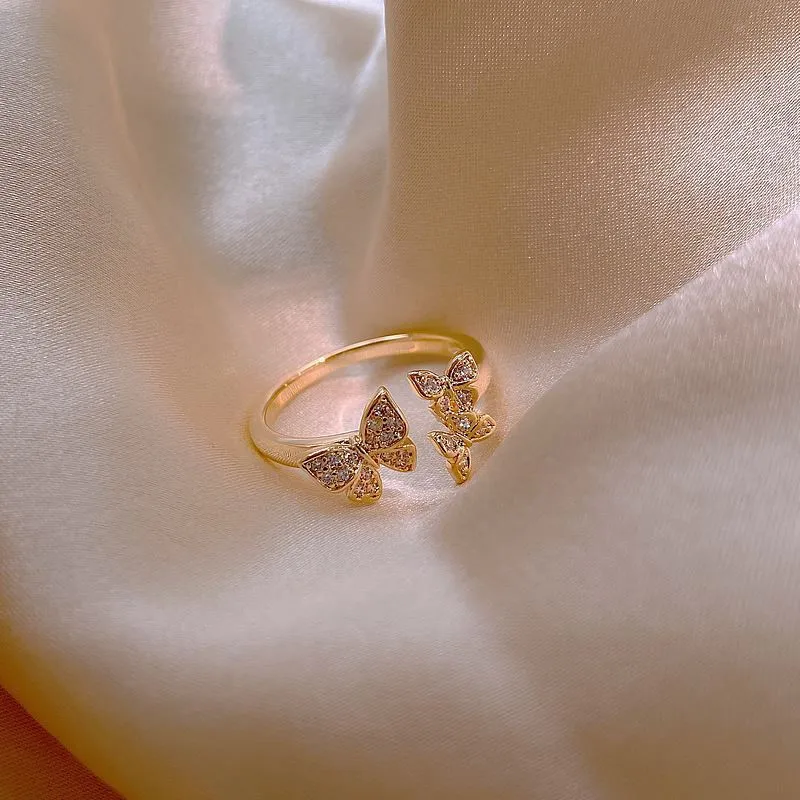 

Dainty Female Crystal Butterfly Jewelry Charm Gold Color Open Engagement Rings For Women Boho White Zircon Valentines Day Gifts