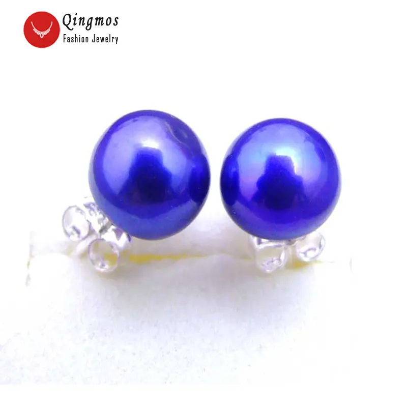 

Qingmos Natural Freshwater Blue Pearl Earrings for Women with 7-8mm Flat Round Pearl Stering Silver 925 Stud Earring Jewelr