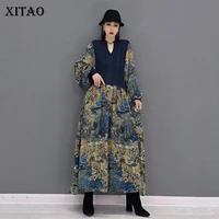 xitao fashion knitting patchwork dress 2021 autumn new arrival korea temperament print long sleeve long casual women gwj0815