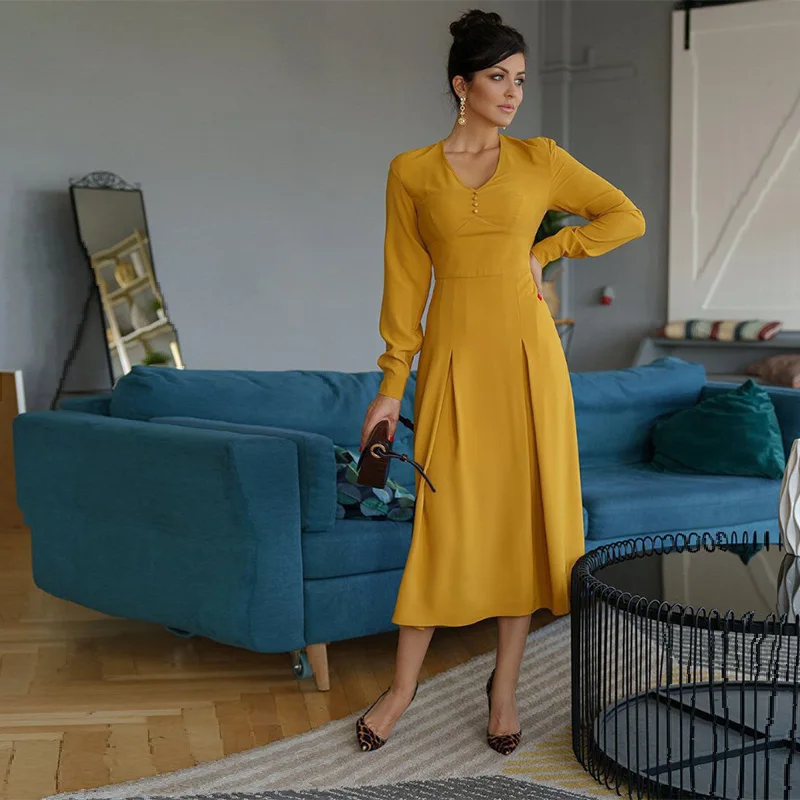 Женское вечернее платье трапеция однотонное винтажное миди с длинным рукавом и v