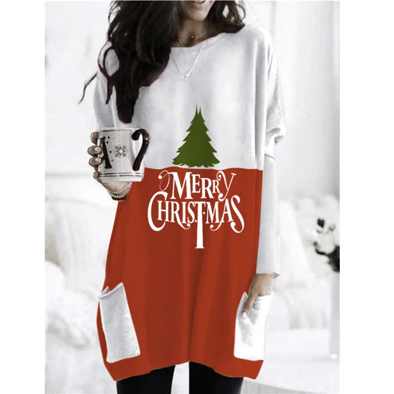 

Female Casual Autumn Pocket Christmas Print Long Sleeve Dress 2020 Fashion Loose Mini Women Mini Dresses Party O-Neck Veseido