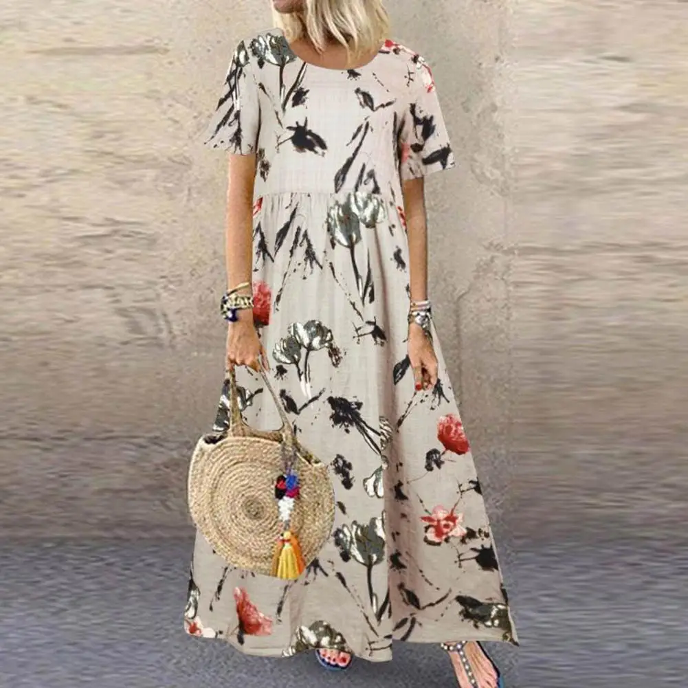 

Summer Maxi Dress Women Sundress Flower Printed Short Sleeve High Waist O Neck Women Maxi Dress Robe Femme Vestidos