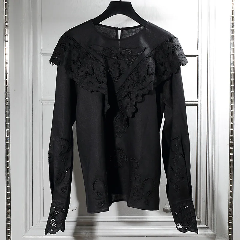 

Women Lace Embroidery Blouse Hollow out Long Sleeve Linen Long Sleeve Sweet Shirts