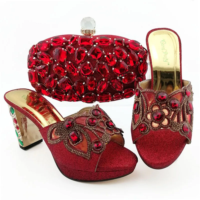 

Блестящая искусственная Стразы украшения комплект из туфель и сумочки в африканском стиле на высоком каблуке; Свадебные сандалии; Обувь с с...