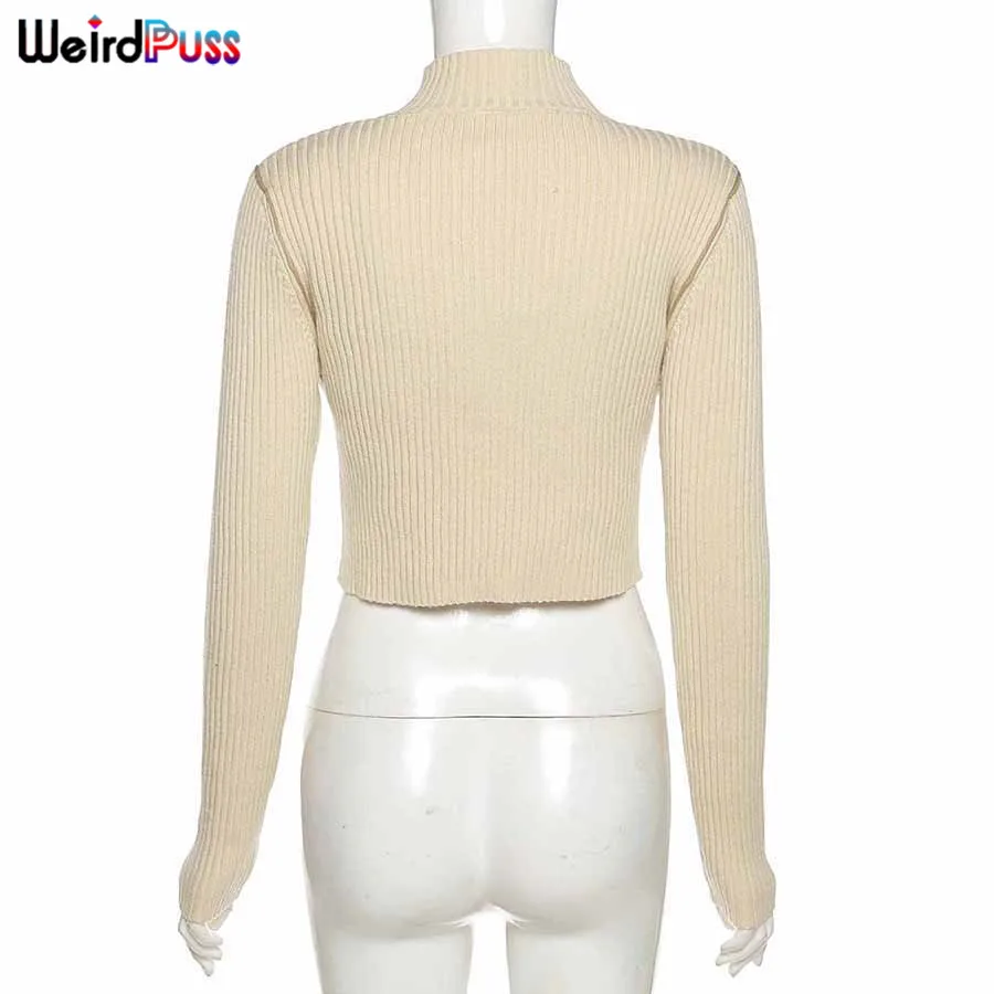 

Weird Puss Women Cut Out Ribbed Hollow Out Fashion T-Shirt Turtleneck Button Cropped Tops High Streetwear Chic Trend Outfits