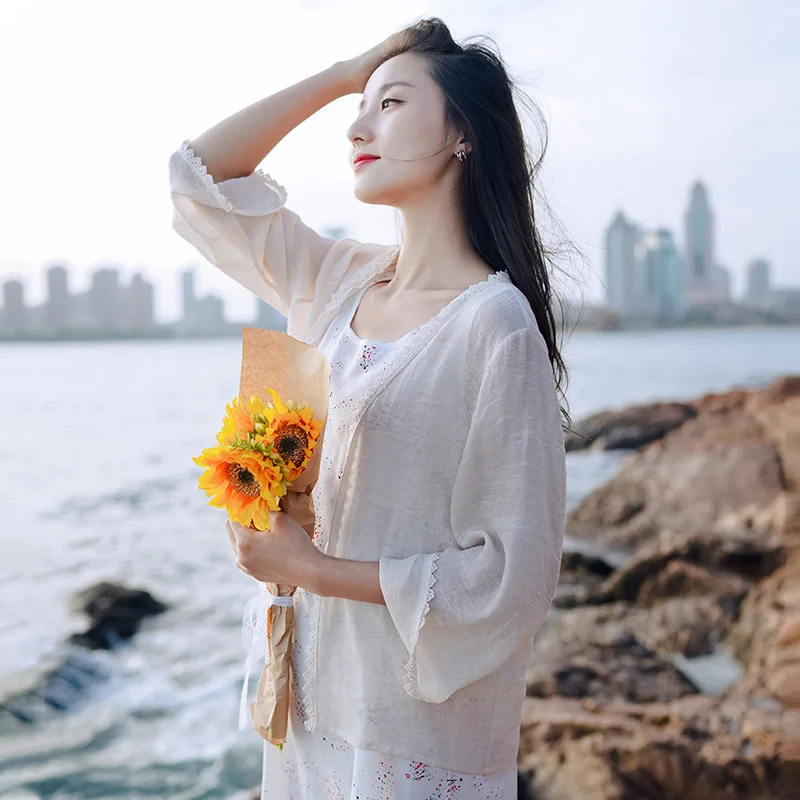 qi mei Literature and Art WOMEN'S Dress Outdoor Cardigan Women's Thin Sun Shirt Summer Solid Color Loose-Fit Sweater Lad |
