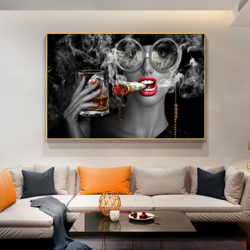 

Bar Wall Decor Cool Smoking and Drinking Gril Poster Print on Canvas Fashion Makeup Woman Wall Pictures Home Decoration No Frame