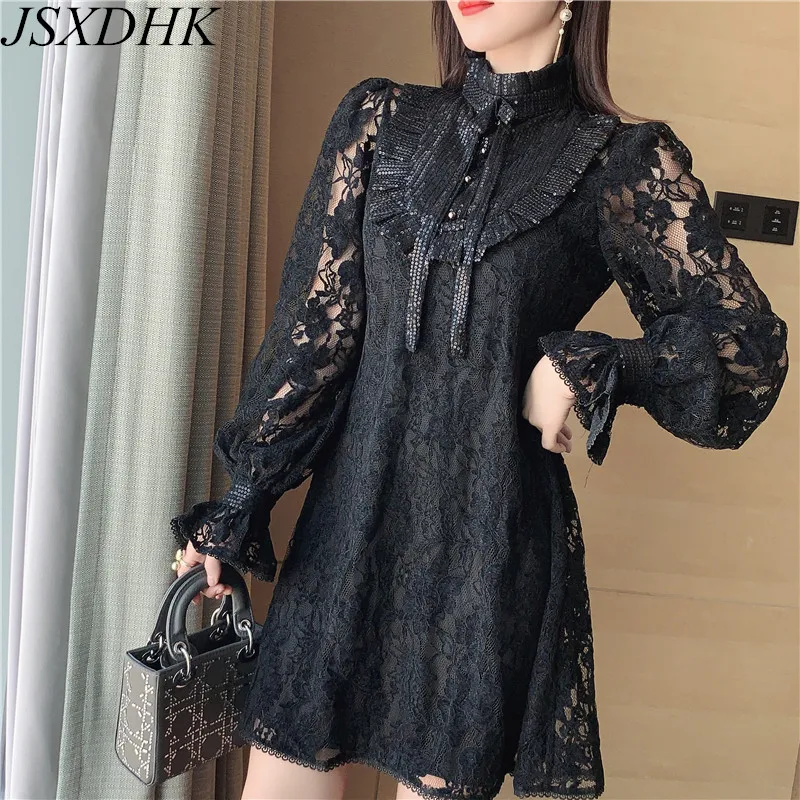 

Женское кружевное вечернее платье, черное ажурное мини-платье с воротником-стойкой, вышитым бантом и блестками, с рукавами-фонариками, для о...