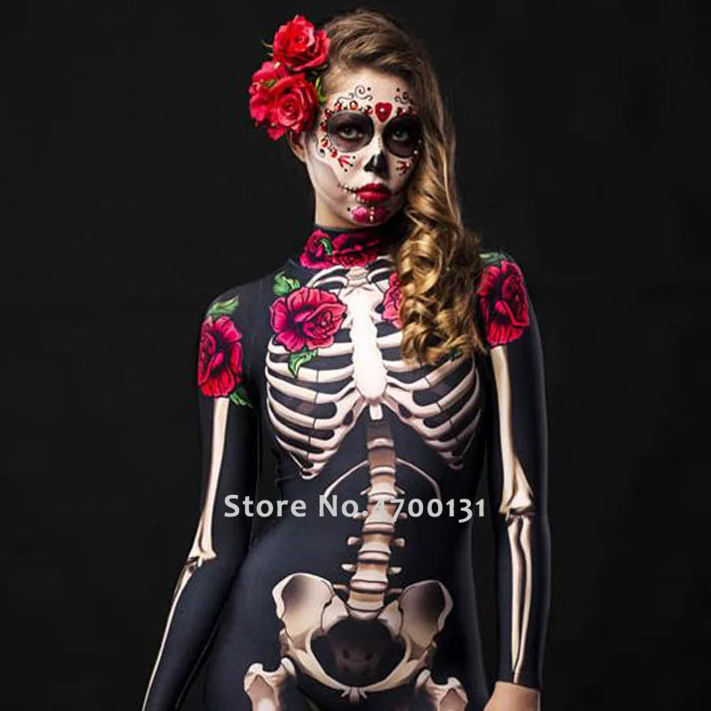 Карнавальный женский комбинезон Zentai с принтом скелета и розы на Хэллоуин призрак
