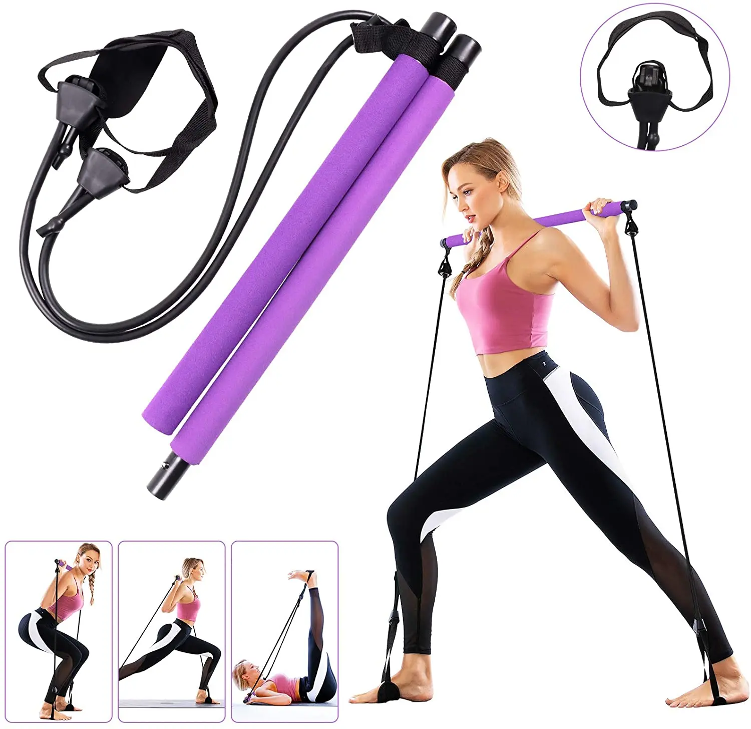 

Fitness Sport Home Gym Adjustable Pilages Bar Kit Workout Sick Exercise Yoga Bar with Resistance Band Body Building Puller Rope