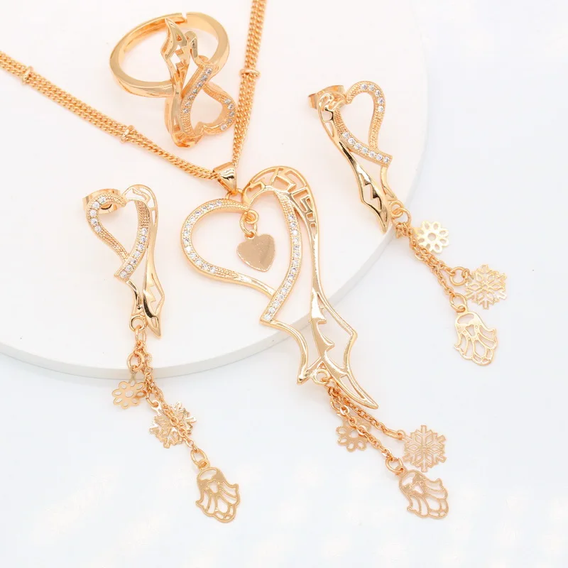 

2021 New Heart Gold Plated Jewelry Sets for Women Open Ring Micro Pave Zircon Drop Earrings Necklace Pendant