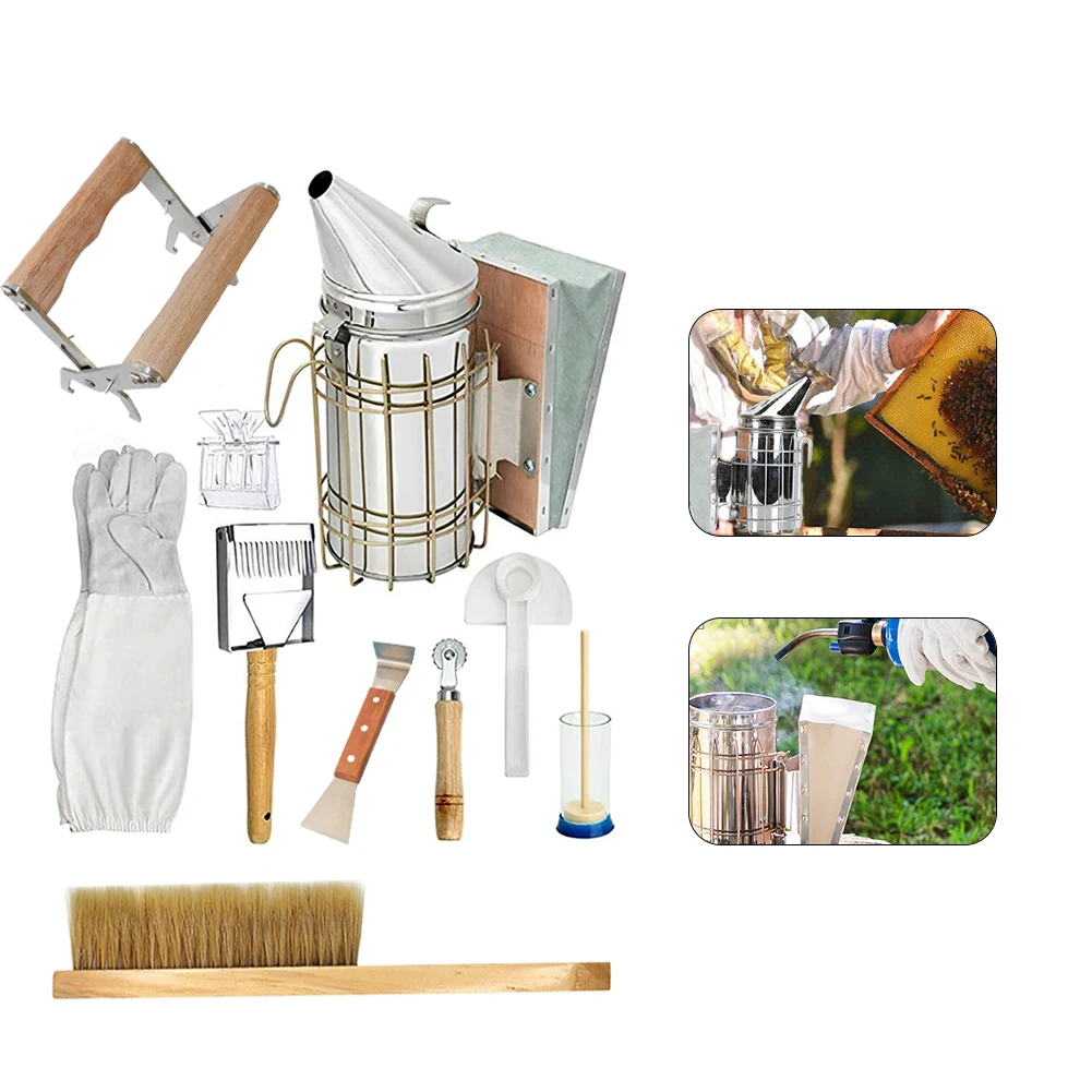 

10PCS Beekeeping Tools Set Beekeeper Equipment Kit With Double Row Brush Smoke Bottle Feeding Container Bee Keeping Tools