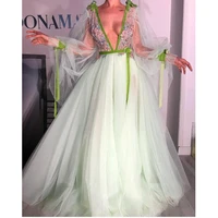 sweet mini green flower a line women party dresses summer 2020 see thru puff full sleeves beaded long prom gowns