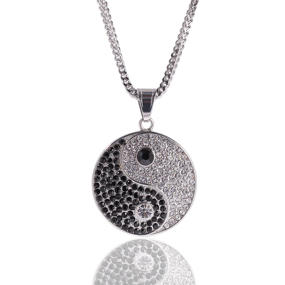 

Ascona Hip Hop Tai Chi Yin Yang Rack Sterling Rhinestone Pendant Necklace Women Natural Black Spinel Round Gemstone Pendant