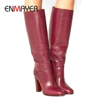 enmayer 2020 fashion shoes woman round toe basic slip on knee high boots women square heel winter over the knee boots 34 43