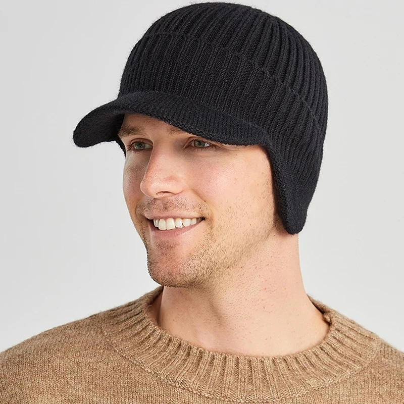 

Men Winter Knitted Ear Protection Cap Think Wool Beanies Bonnet Snapback Cap Short Brim Hat Outdoor Cycling Plush Keep Warm Hat