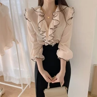 2021 all match office lady v neck color hit ruffles basic shirts sweet high quality autumn vintage brief blouses