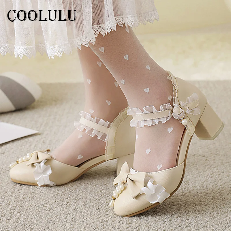 

COOLULU Women Shoes Bow Two Piece Med Heels Pearl Block Heel Lolita Pumps Buckle Sweet Footwear Ladies Spring White Plus Size 43
