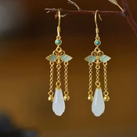 new 925 gold plated long tassel earrings inlaid imitation khotan jade magnolia flower ethnic style women exquisite jewelry gift