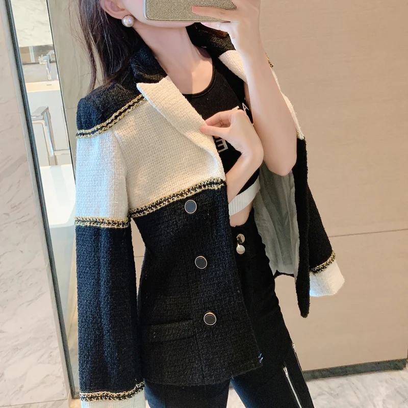 

Fashion new double-breasted tweed woven contrast color temperament suit jacket