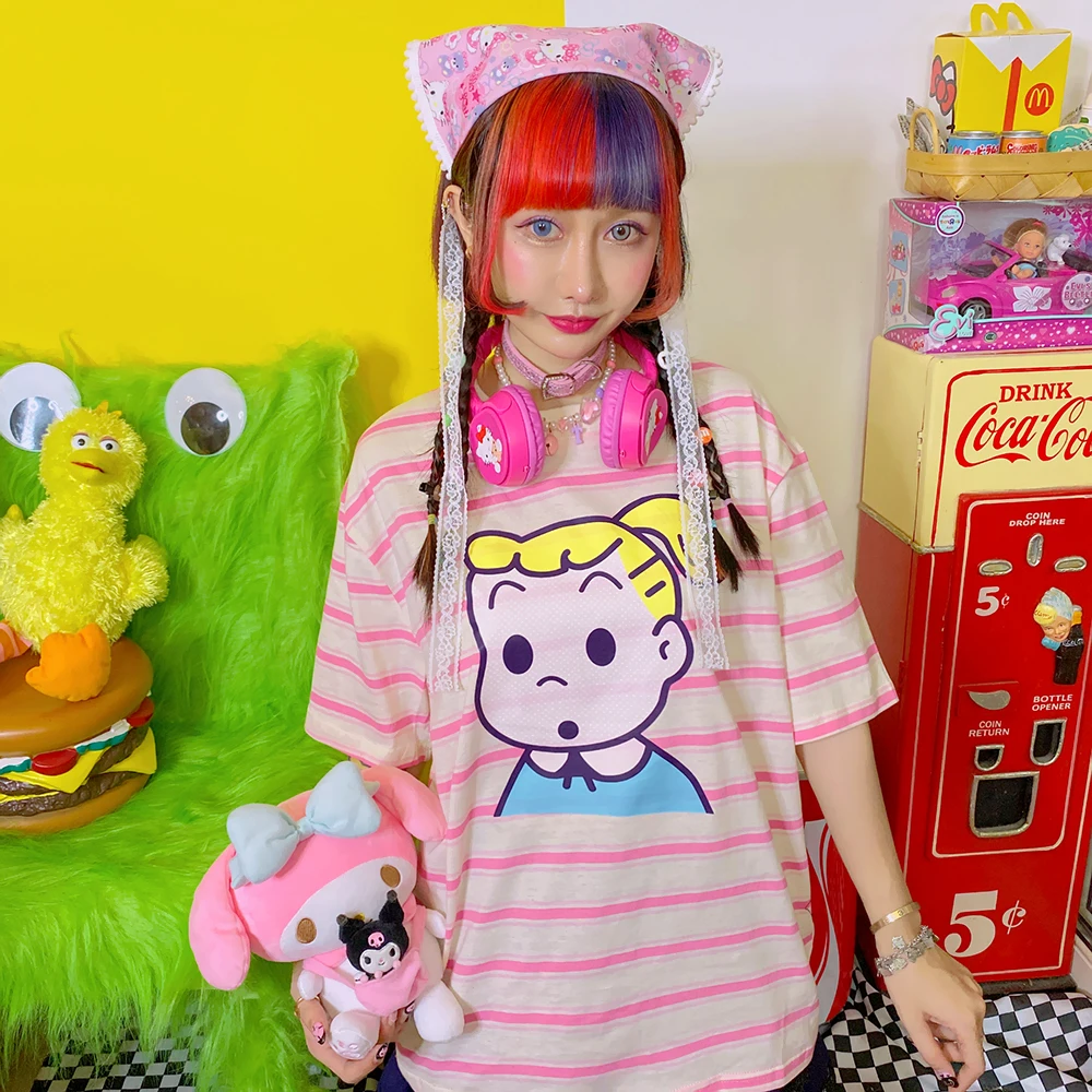 

Japanese Women's Summer T-shirt Harajuku Loose and Versatile Short Sleeves Striped Tee Cartoon Print Loose Sweet Pink O-neck Top