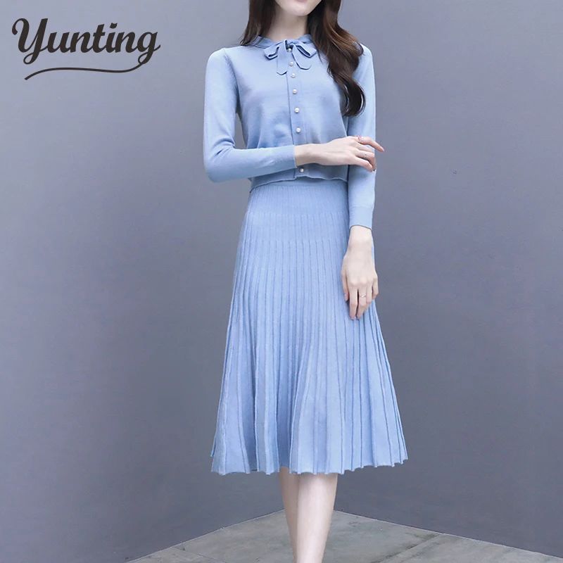 Осенне весенний женский элегантный свитер пуговицы + плиссированная юбка