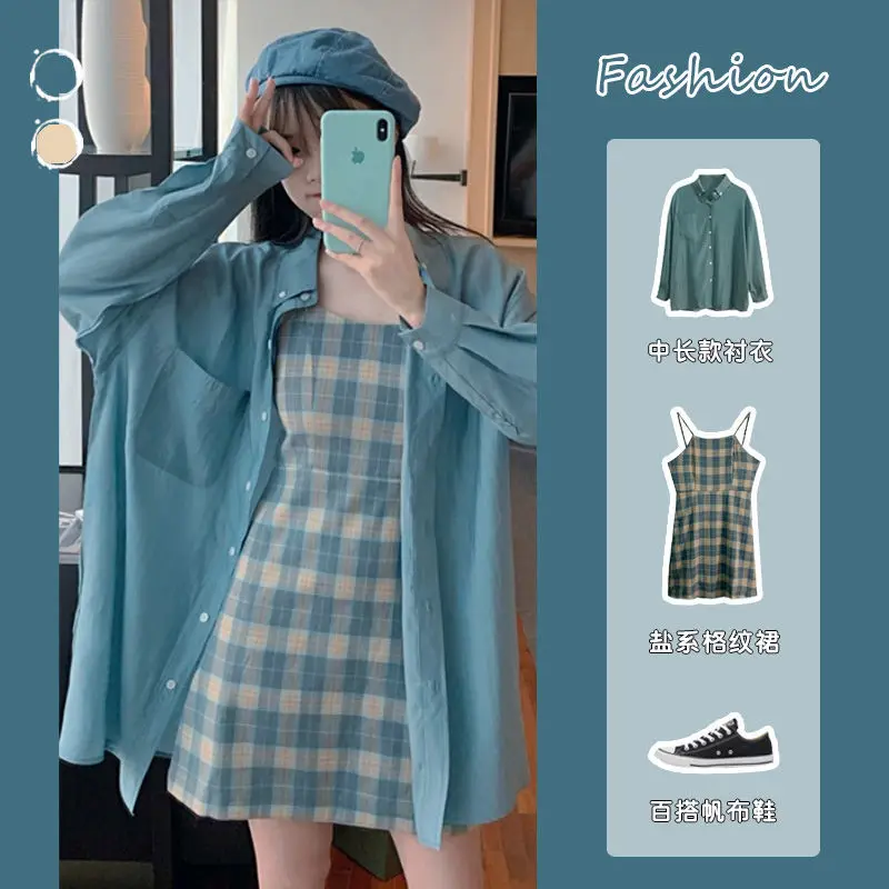 

2020 Summer and Autumn Suit Blue Sunscreen Shirt + Plaid Sling Slim A-line Dress Western Style Two-piece Female