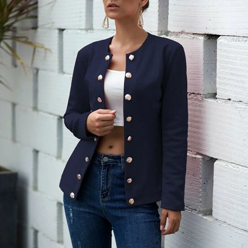 

New Fashion Double-breasted Buttons Blazer Jacket Elegance O-neck Blazer Casual Solid Color Outwear Coat For Women