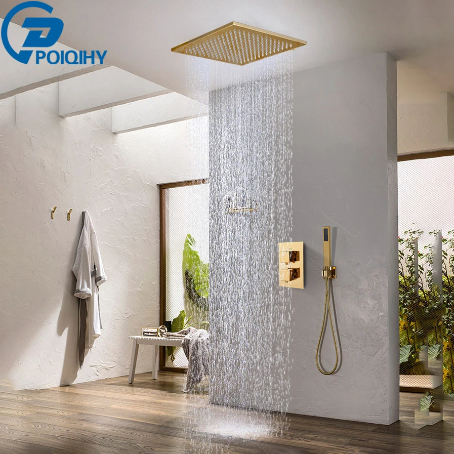 Golden Thermostatic Shower Set Faucet Concealed Embedded Box Valve Ceiling Mounted Rainfall Showerhead Mixers | Обустройство дома