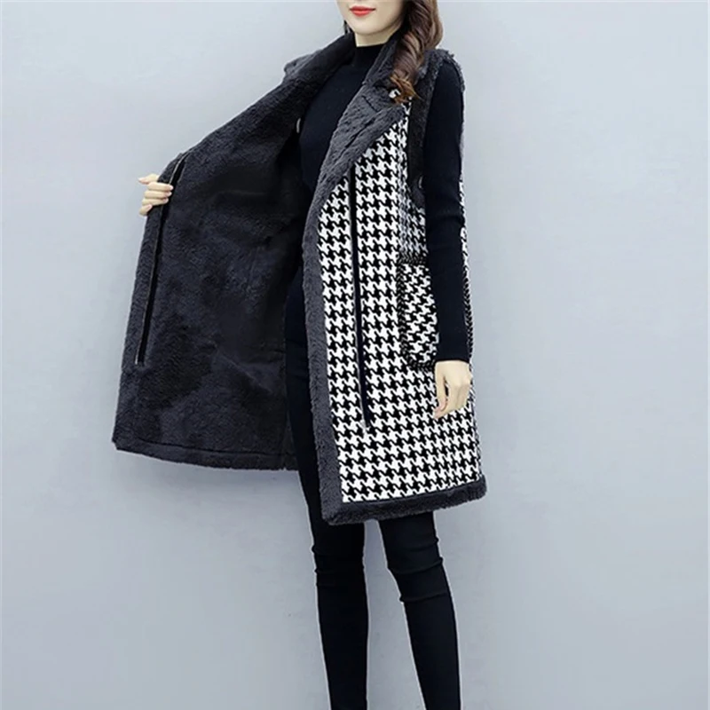 Осенне зимний шерстяной жилет пальто Женский клетчатый бархатный утепленный