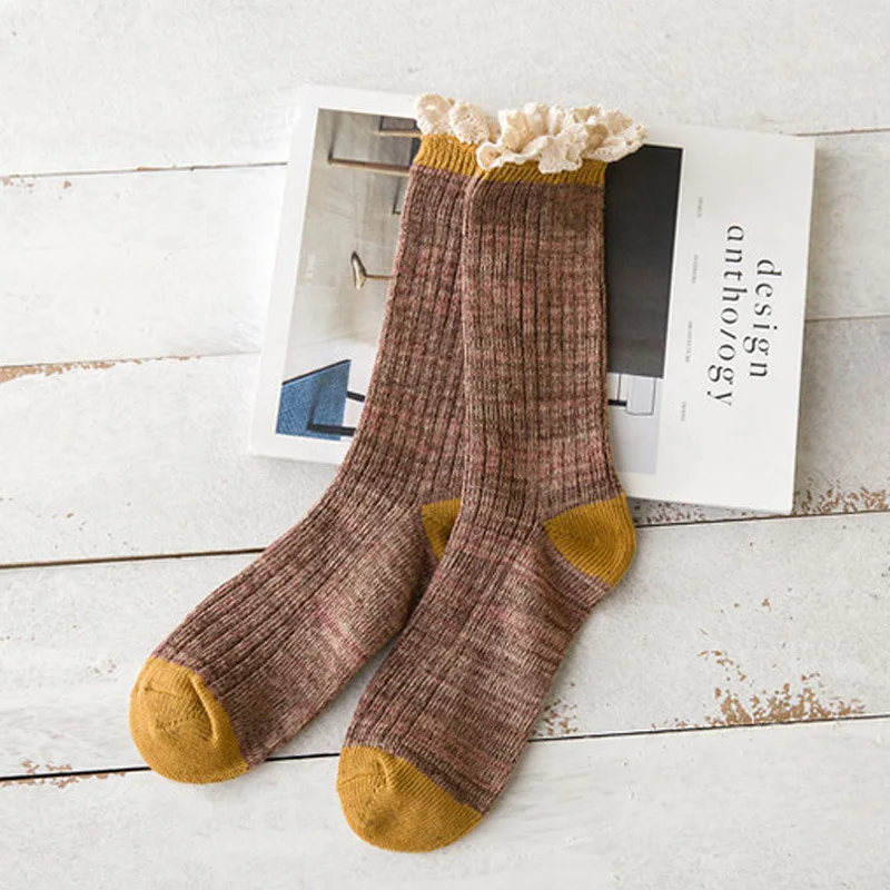 Кружевные носки женские толстые вязаные в японском стиле из окрашенной пряжи