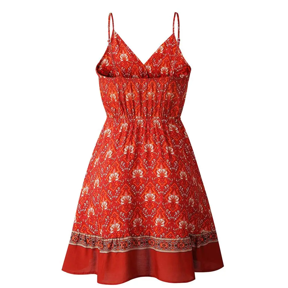 

HOT SALES!!! Women Boho Adjustable Straps Buttons Drawstring Floral Print Beach A Line Dress