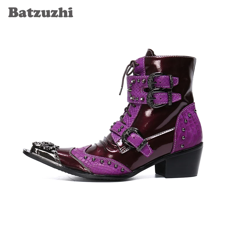 

Batzuzhi 6.5cm Heels Punk Ankle Genuine Leather Boots Men Pointed Metal Toe Motorcycle Men Boots Botas Hombre, Big Sizes EU38-46