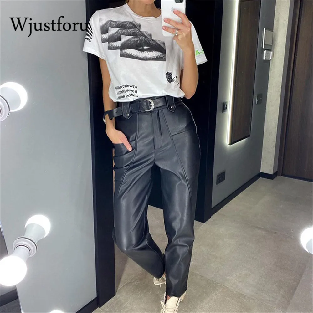 

Wjustforu пикантные мешковатые из искусственной кожи для женщин зимняя уличная одежда винтажные прямые брюки повседневные Элегантные брюки с в...