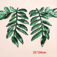 2pcs new embroidered sequins green leaf patch for clothing accessories diy decorative patch palm leaves applique hb57