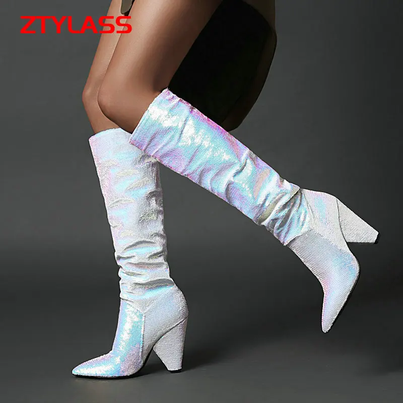 

Pleated Women Boots Sequined Cloth Knee High Boots Fashion Wedges Heel Long Boots Female Pointed Toe Autumn Winter Shoes Woman