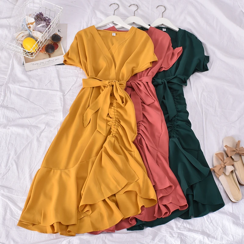 

2021Summer V-neck Solid Color Irregular Short-sleeved Sexy Dress Bow High Street Casual Slim Dresses