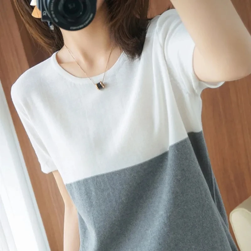 

Basic Contrast Color Summer T-Shirt Women Plus Size Short Sleeve Knitted Pullover Tees 2021 Korean Style Patchwork Tops Female