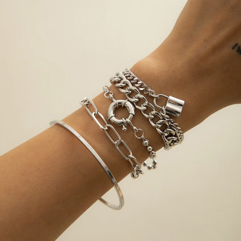 

Punk hip-hop style lock bracelet ladies mix and match multi-element geometric round buckle ladies suit bracelet