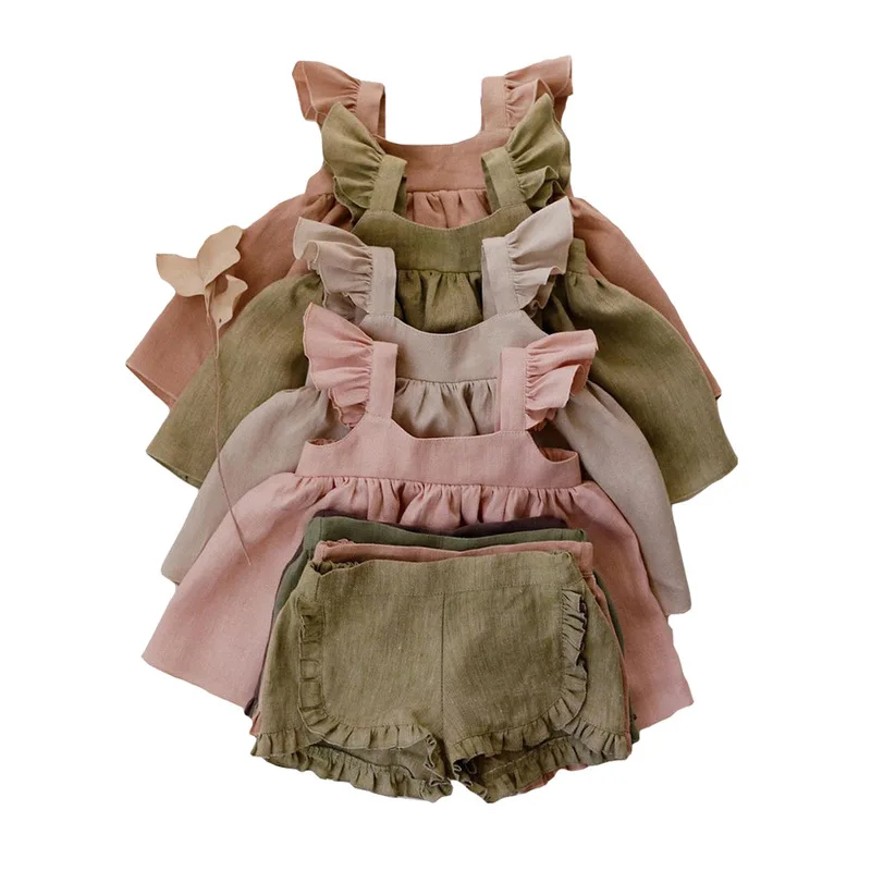 

2PCS Summer Baby Girl Ruffle Clothes Set Infant Girl Sleeveless Clothing Suspender Top + Shorts Suit Linene Casual Wear