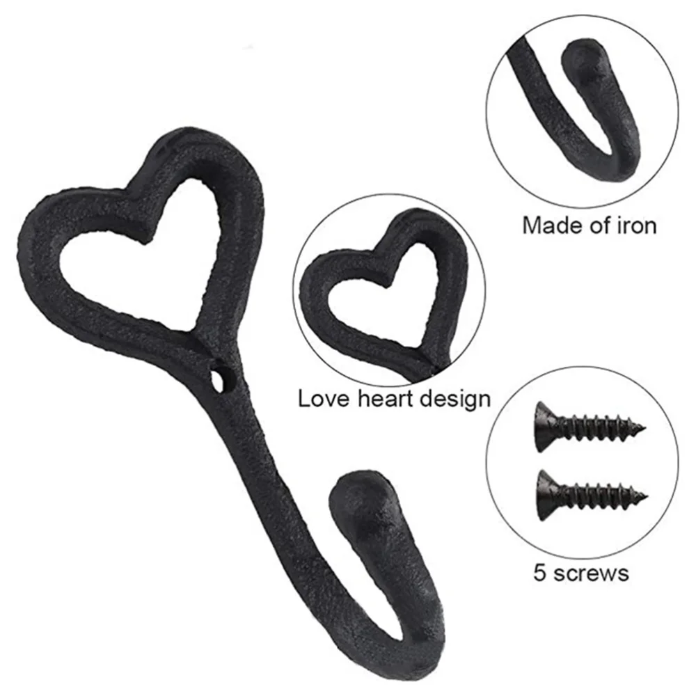 

5Pcs Heart Hooks Decorative Hooks Heart Wall Hooks Cast Iron Coat Hooks
