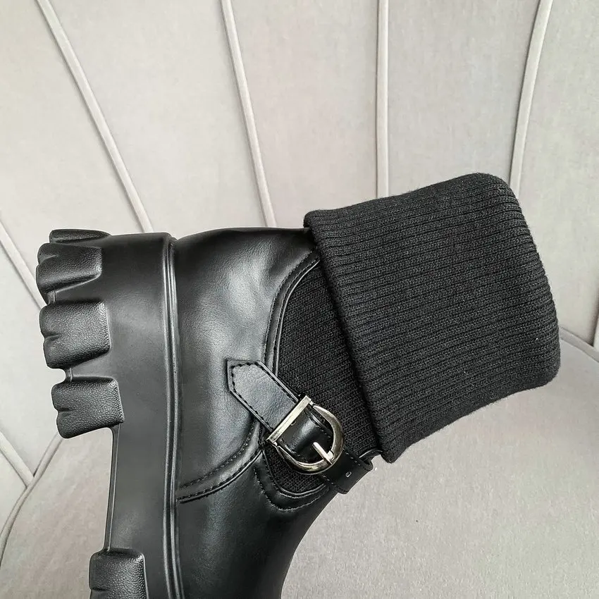 Женские вязаные ботинки QUTAA осенне зимние на толстой подошве с пряжкой без